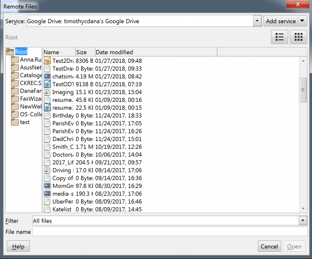 A list of files in Google Drive in LibreOffice's Remote Files dialog