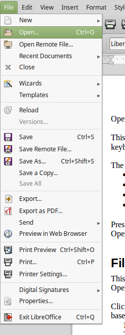 The Open item in LibreOffice's File menu