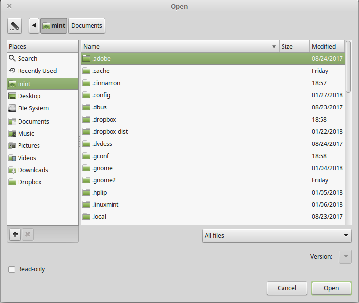Open dialog for LibreOffice in Linux Mint