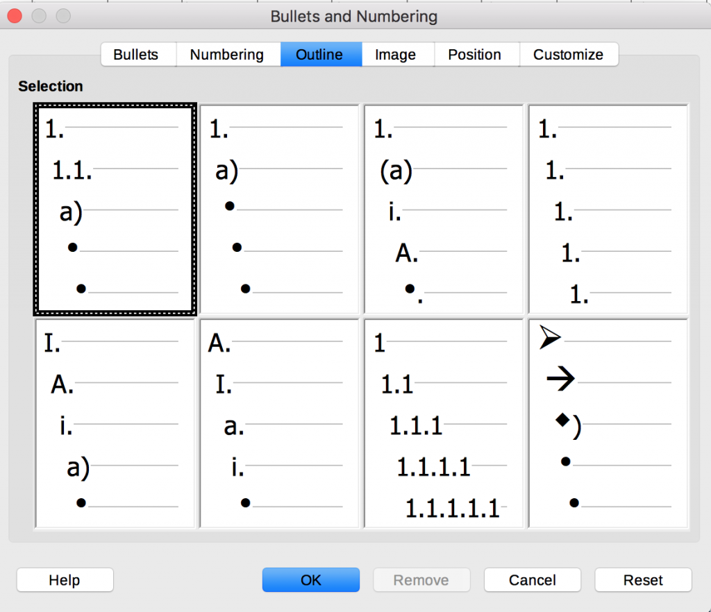 Bullets and Numbering dialog in LibreOffice Writer