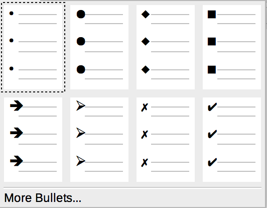 Bulleted drop-down list in Formatting toolbar in LibreOffice Writer