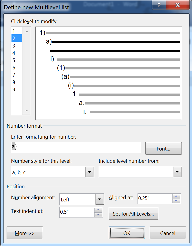 Define Multilevel List in Microsoft Word