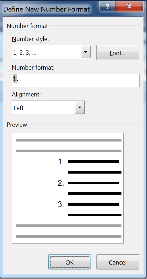 Define Numbering List in Microsoft Word