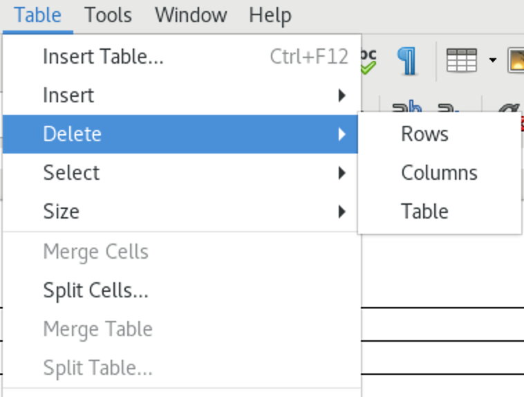 Delete sub-menu in Table menu