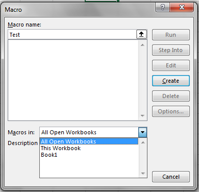 Microsoft Excel macro dialog
