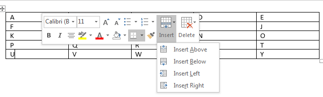 Insert menu in Context menu of Word 2016