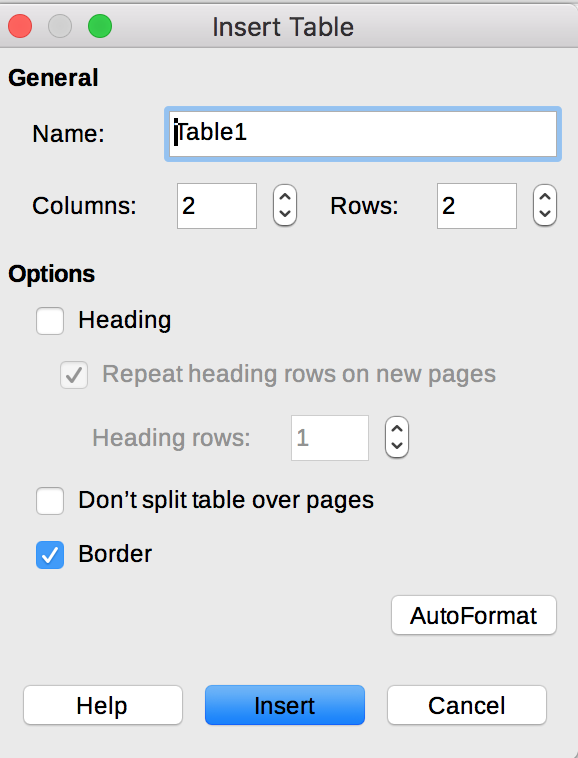 Insert Table dialog in LibreOffice