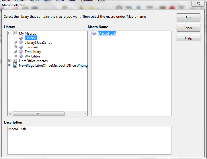 Macros Selector dialog in LibreOffice