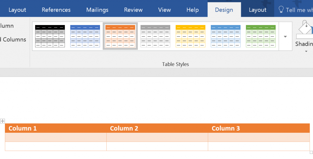 Example of a table in Word 2016 for Windows