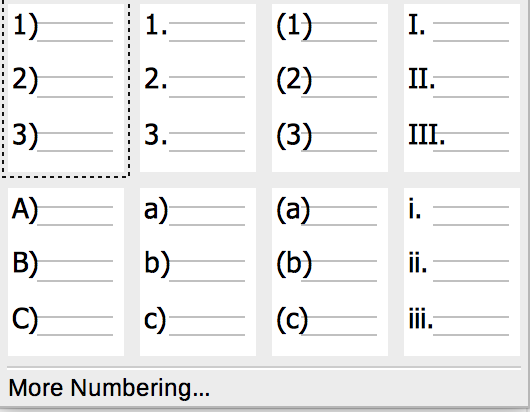 Numbering drop-down list in Formatting toolbar in LibreOffice Writer