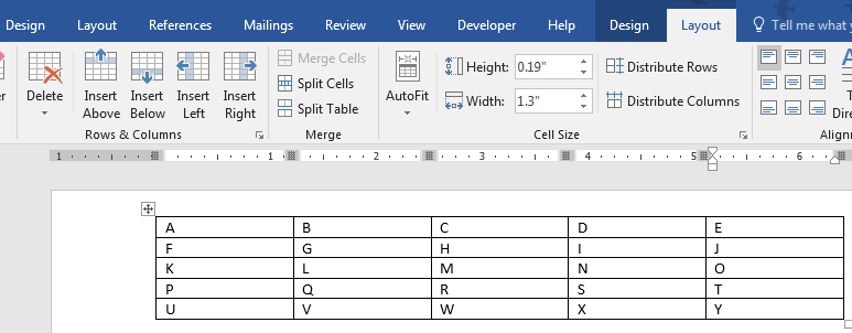 Rows and Columns section in Layout ribbon of Word 2016 for Windows