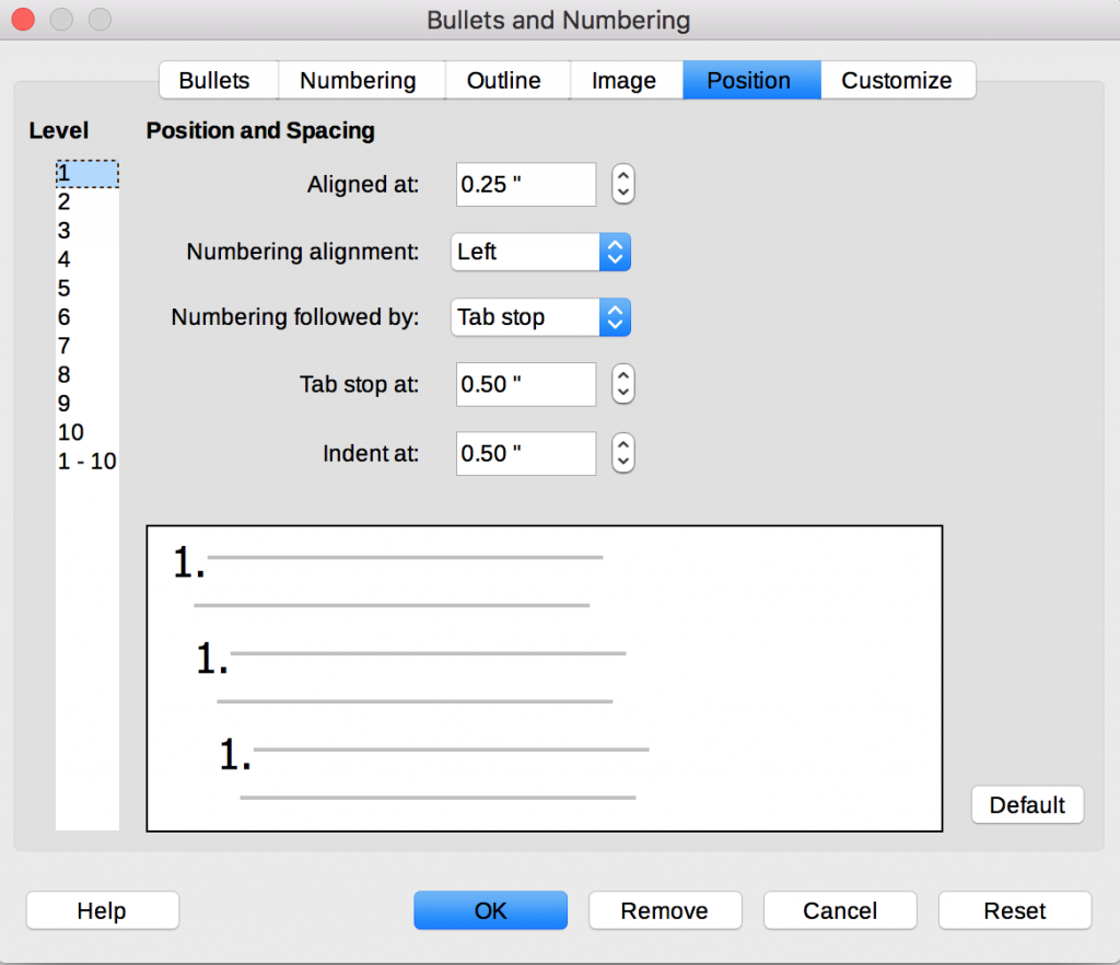 Bullets and Numbering dialog in LibreOffice