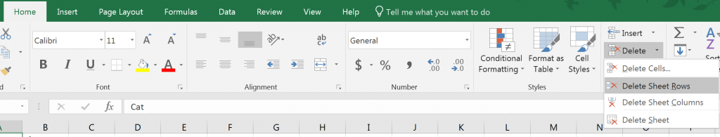 Delete icon in Home ribbon of Excel