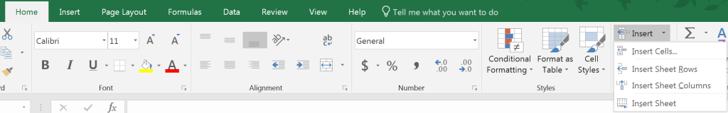 Insert icon in Home ribbon of Excel