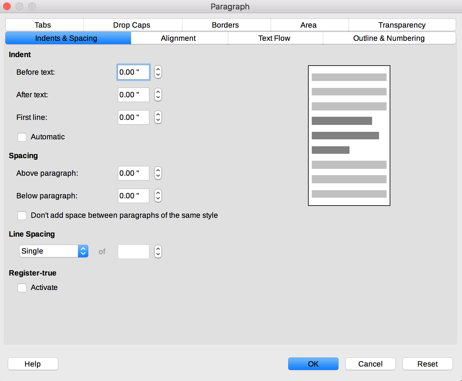 Paragraph dialog in LibreOffice Writer