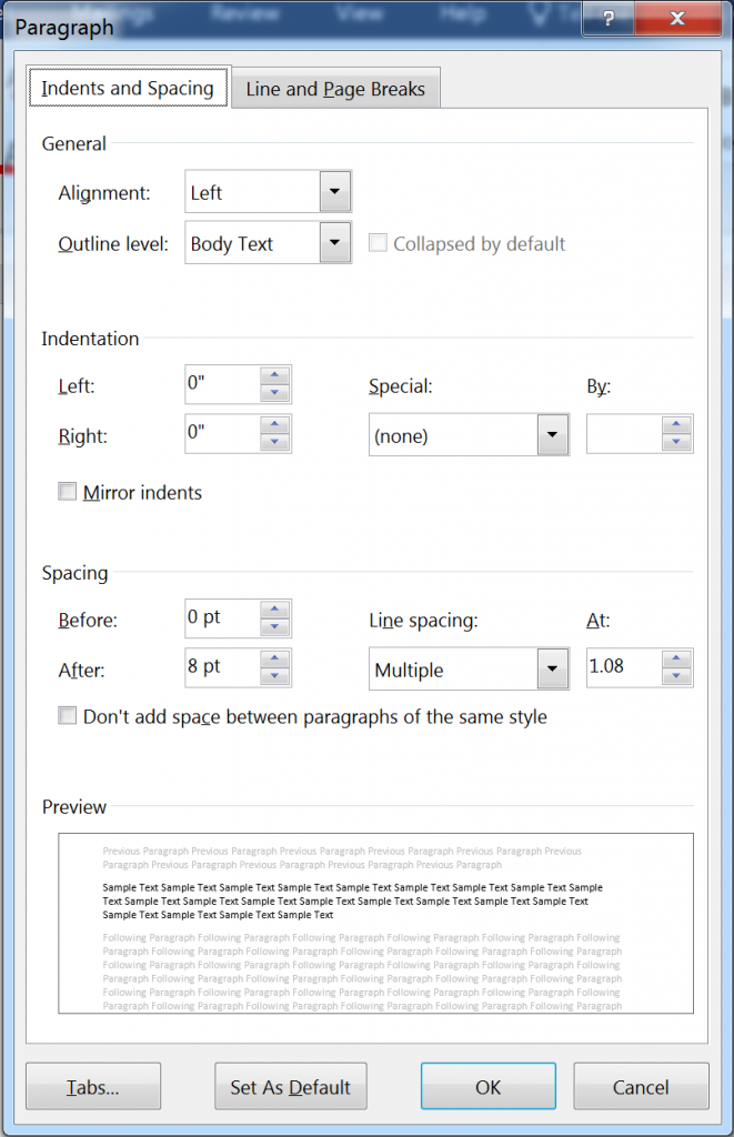 Paragraph dialog in Word 2016