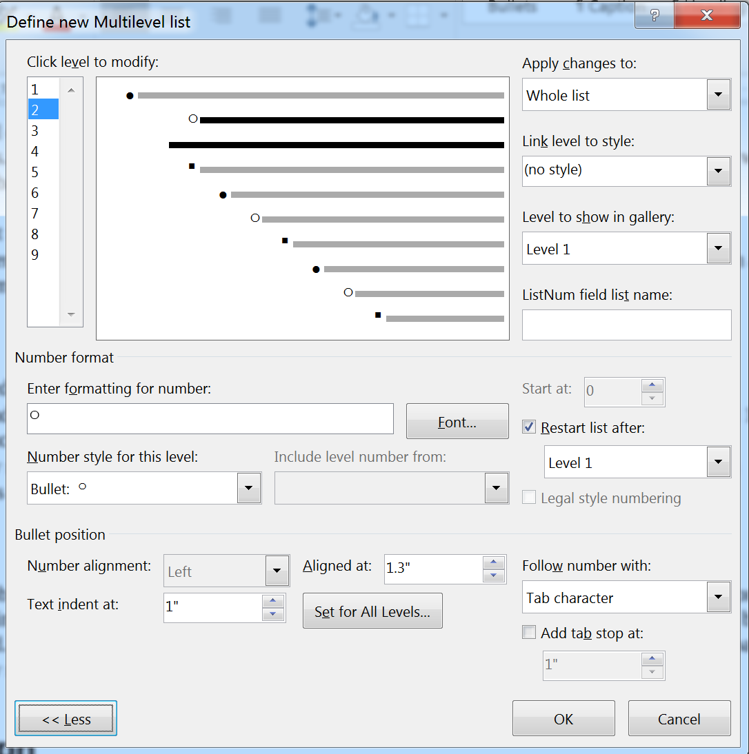 Multilevel List dialog in Word 2016 for Windows