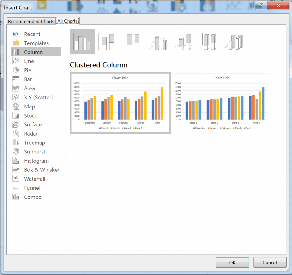 Insert Chart dialog in Excel for Windows