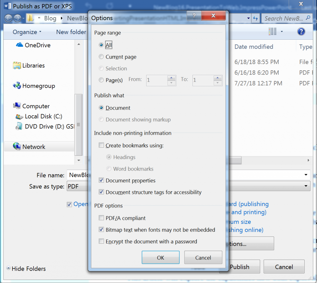 Options dialog for PDF in Microsoft Word