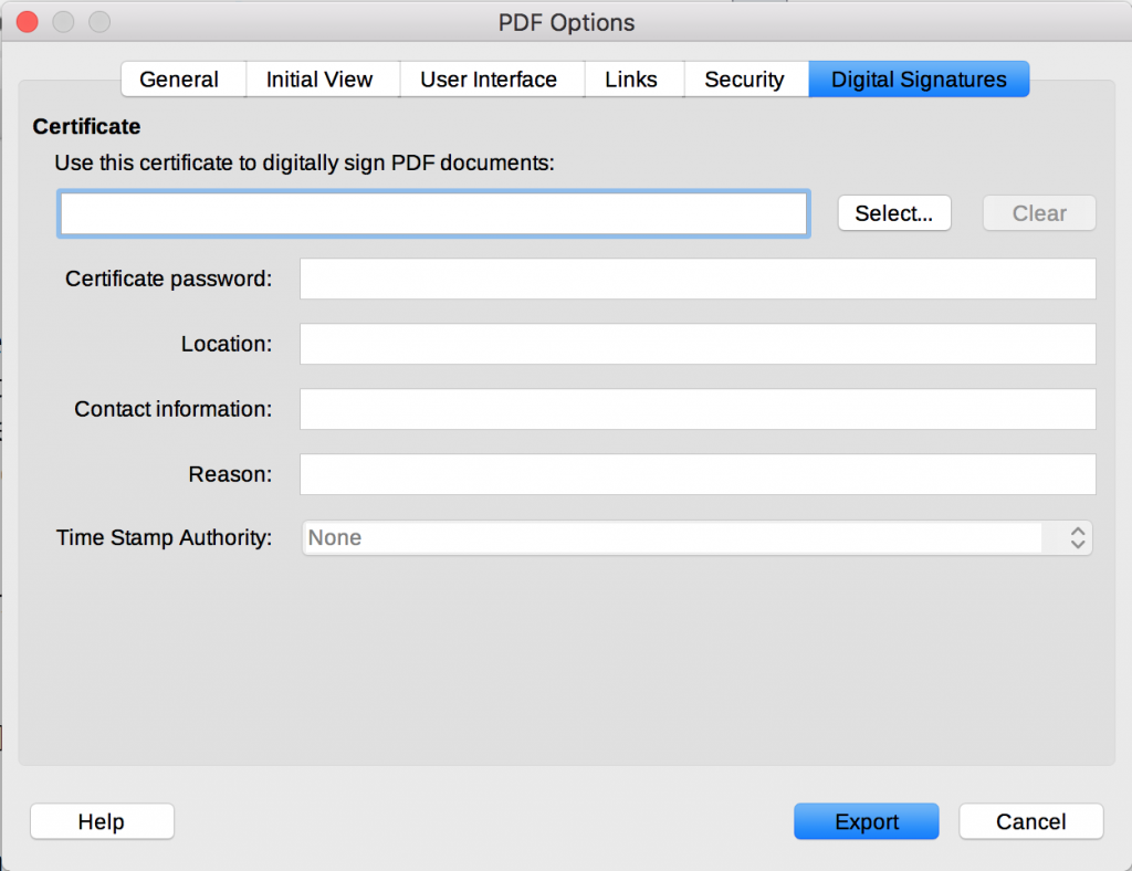 Digital Signatures tab in LibreOffice PDF Options dialog