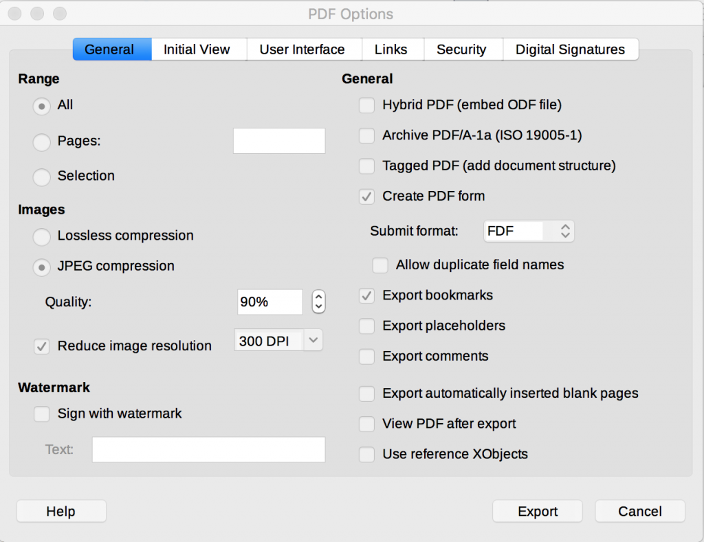 General tab in LibreOffice PDF Options dialog
