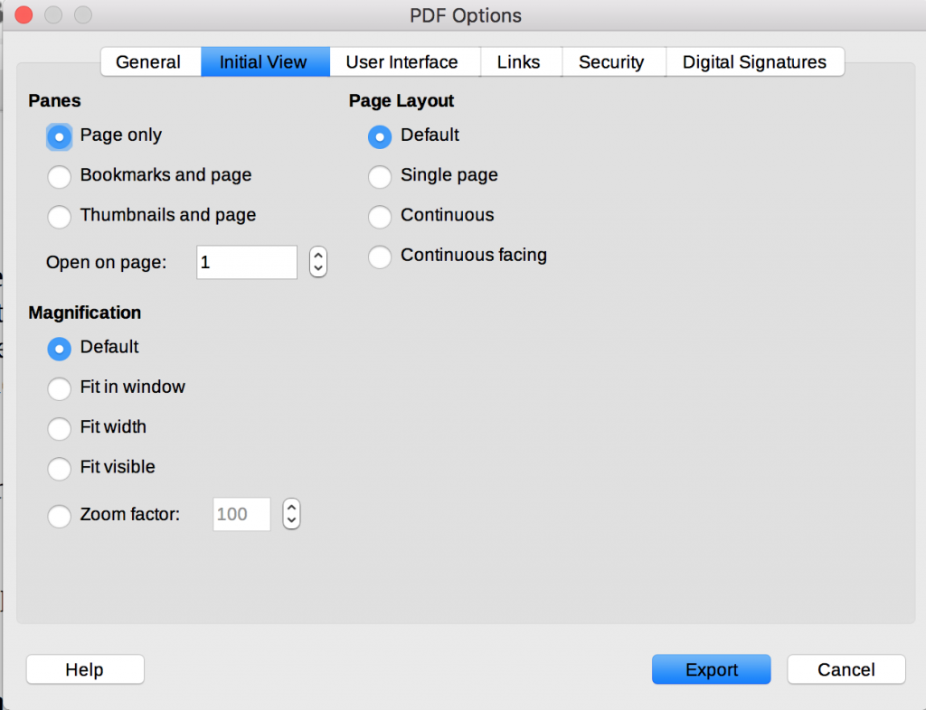 Initial View tab in LibreOffice PDF Options dialog