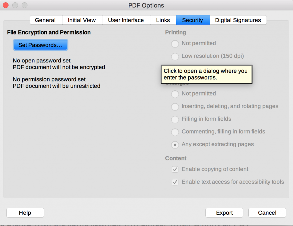Security tab in LibreOffice PDF Options dialog