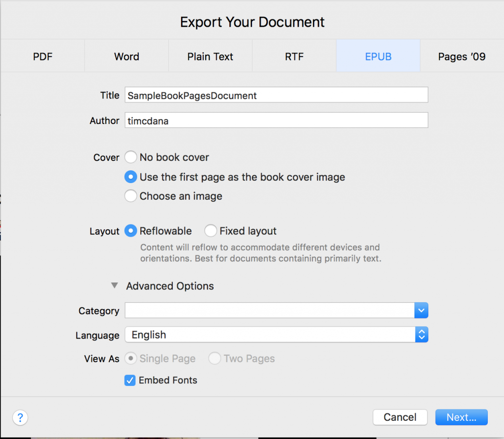 EPUB dialog in Pages